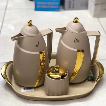 طقم ثيرموس قهوة + شاي مع صينية و سكرية عضم سادة يد ووشاح مذهب ابيض - بيج - اسود